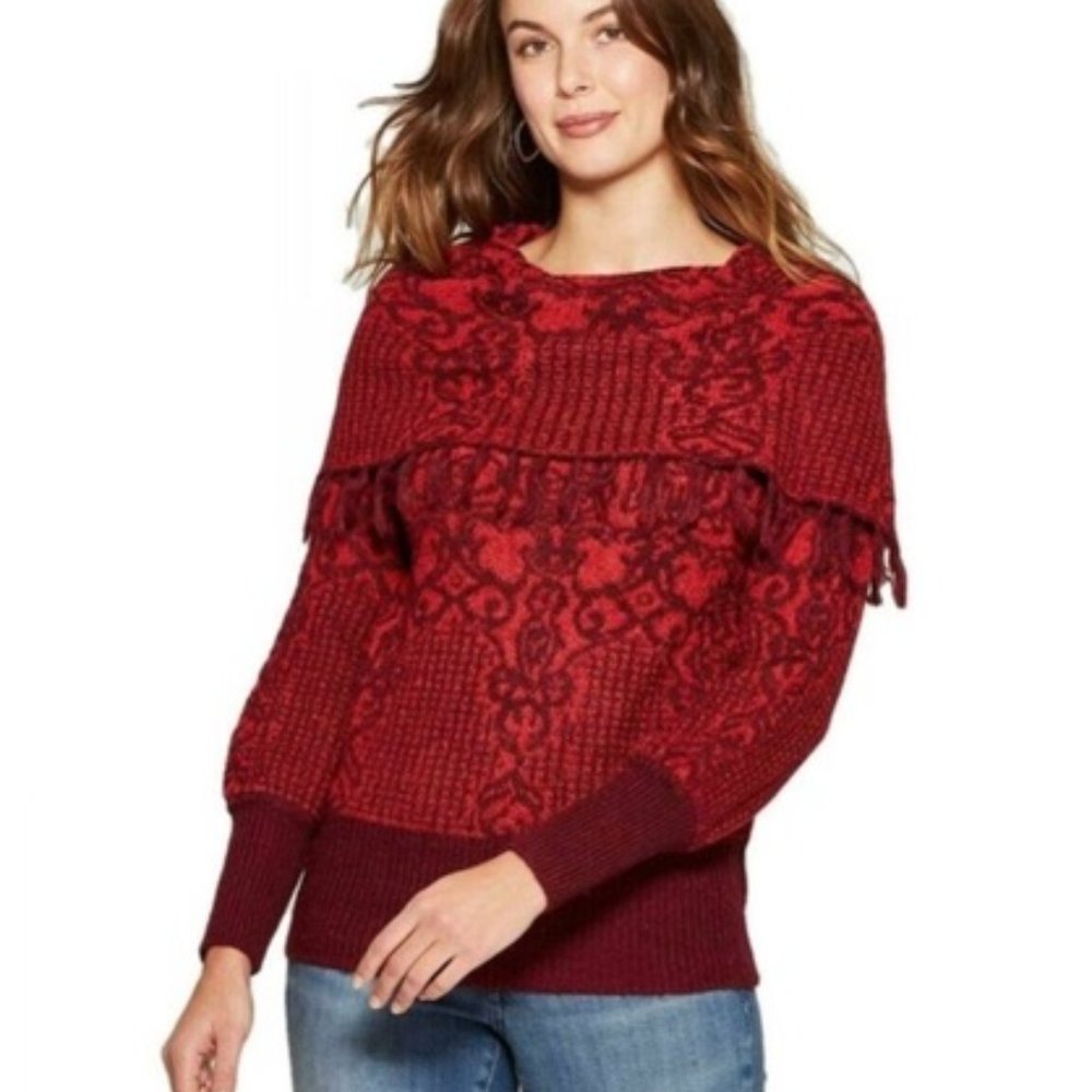 Sz M Knox Rose Burgundy Red & Orange Tassels Off the Shoulder Sweater